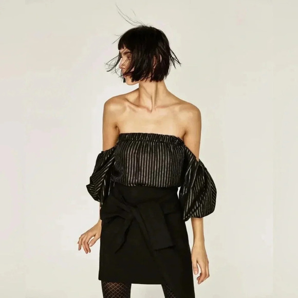 ZARA Woman | Off The Shoulder Balloon Sleeve Striped Blouse - Size XS - Picture 1 of 7